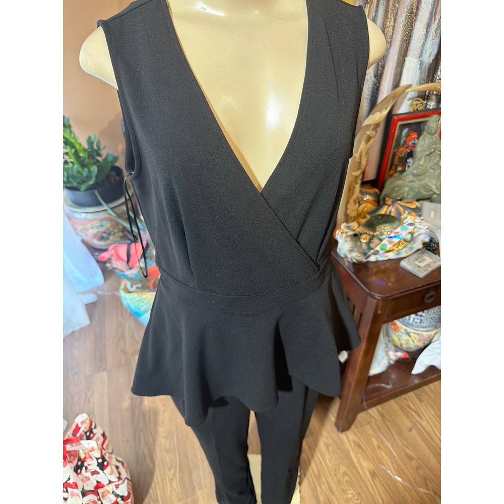 Spense Black Peplum Jumpsuit Sleeveless Wrap V-Neck Slim Leg Evening One Piece‎
